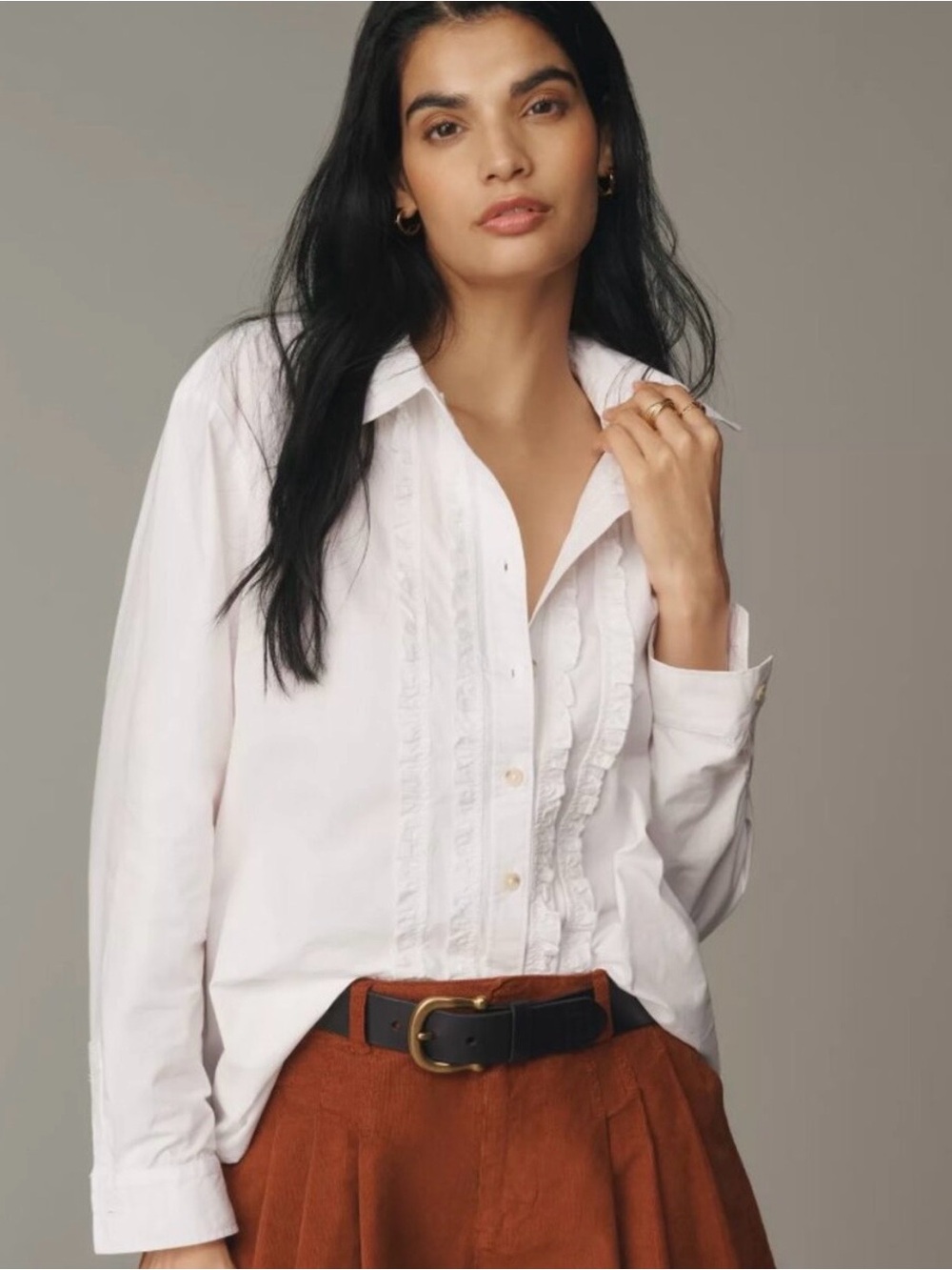 Anthropologie ~ Pilcro White Ruffle-Trim Button-Down Tuxedo Shirt